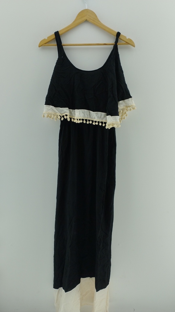 Vestido negro largo vuelo con pompones T:3