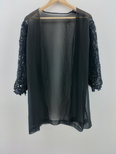 [P04887-10] Blusa tipo sobrecamisa negro transparencias mangas bordadas  T:L